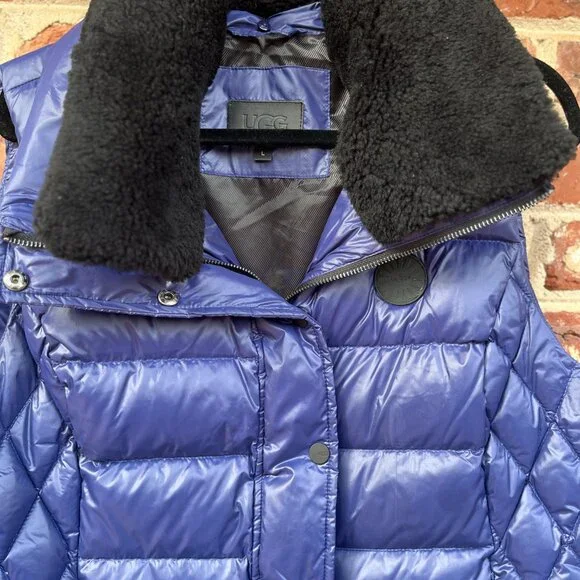 UGG Cobalt Blue Puffer Vest with Black Shearling Collar - Women's L